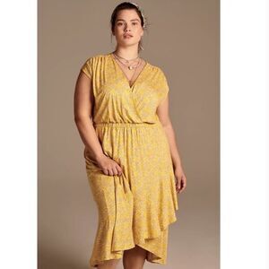 Anthropologie Fete Faux Wrap Stretch Jersey Knit Midi Dress Plus Size 1X Yellow